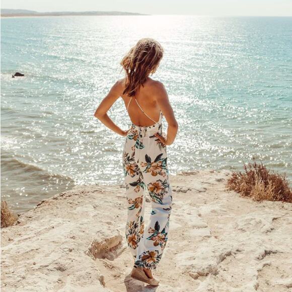 Le Salty Label Eden Floral V-Neck Plunge Wide Leg Backless Jumpsuit White XS - Picture 2 of 9